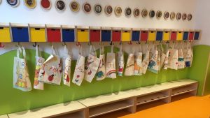 Garderobe einer Kindertageseinrichtung; an jedem Platz hängt eine bemalte Jutetasche mit Namen der Kinder
